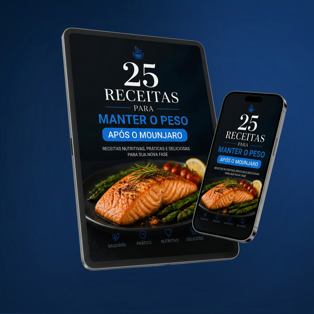 Ebook com 25 receitas para manutenção do peso exibido em tablet e smartphone